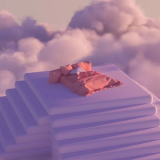 Dormitorio surrealista con ropa de cama color naranja vibrante sobre una pirámide rodeada de nubes